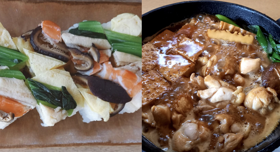 長田さんのお店で出しているお料理の一例。左は「箱寿司」、右は「引きずり（鶏のすき焼き）」。季節に合わせた三河ならではのお料理がお腹も心も満たされていく。