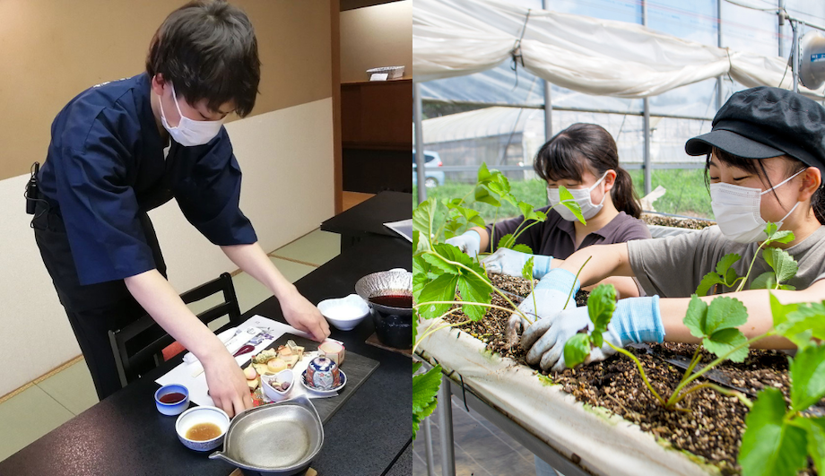 現在の『おてつたび』利用者さんの様子。左は富山県にあるホテルのお手伝いをしている様子。右は千葉県千葉市でいちごの定植のお手伝いをしている様子。